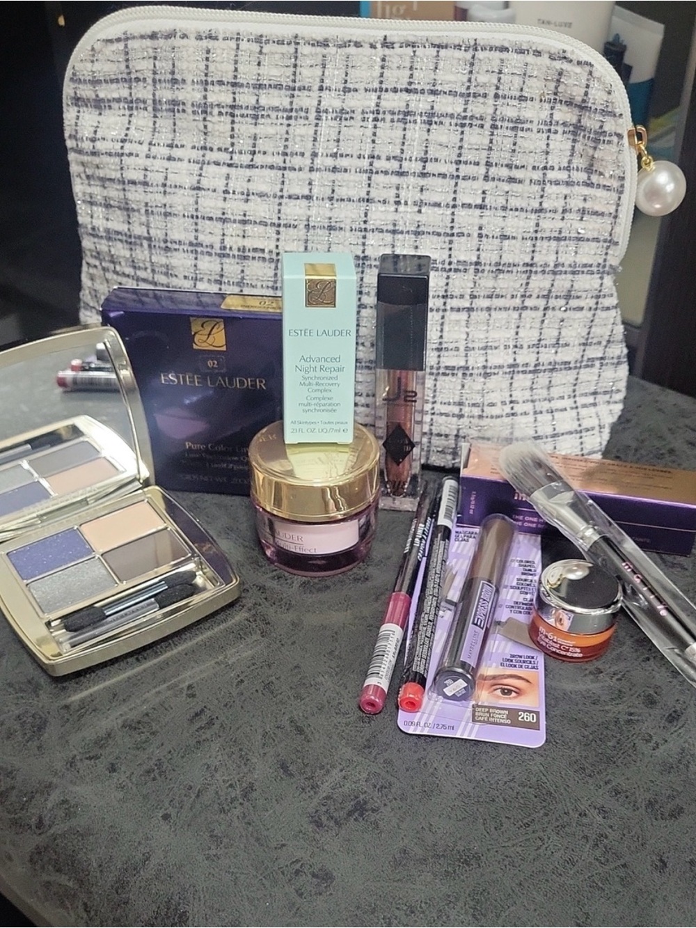 Estee Lauder Makeup Set with White Tweed Cosmetic Pouch NWT